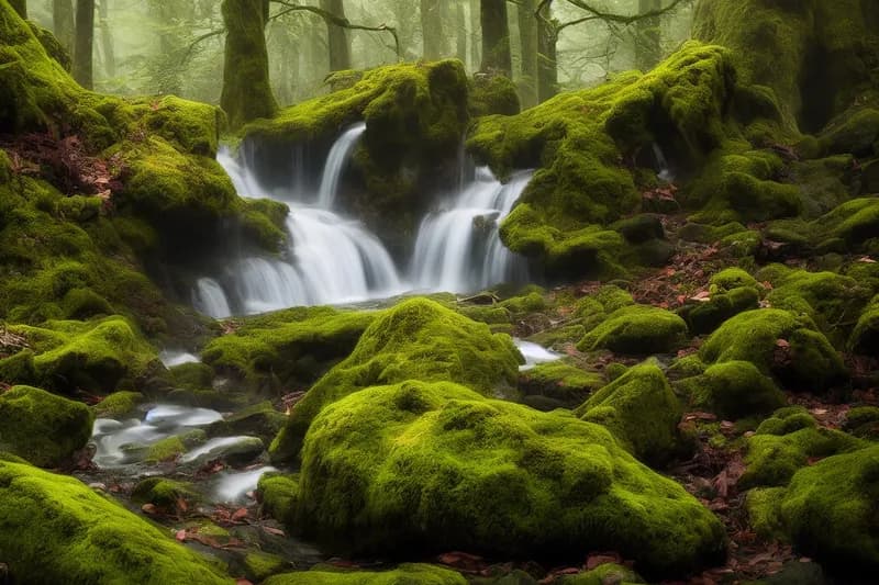 Green moss on rocks near waterfall